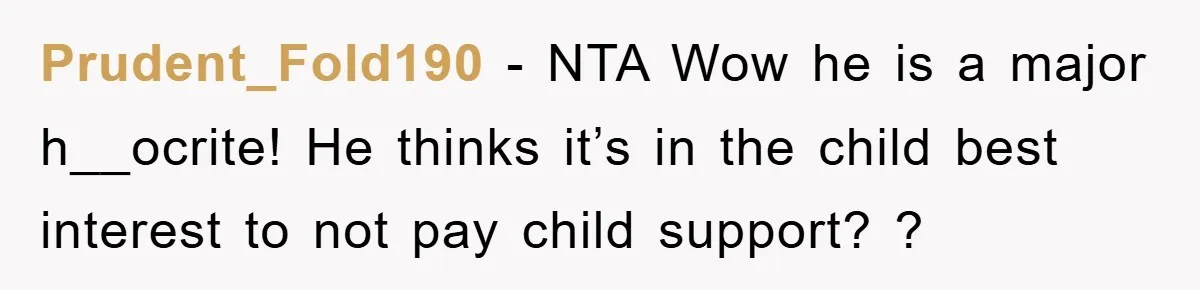 Prudent_Fold190 − NTA Wow he is a major h__ocrite! He thinks it’s in the child best interest to not pay child support? ?