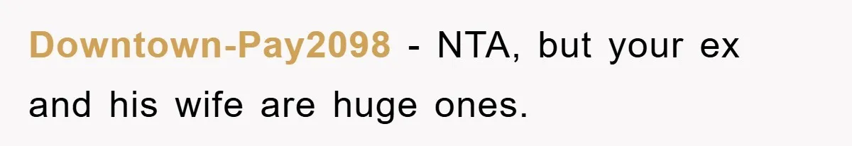 Downtown-Pay2098 − NTA, but your ex and his wife are huge ones.