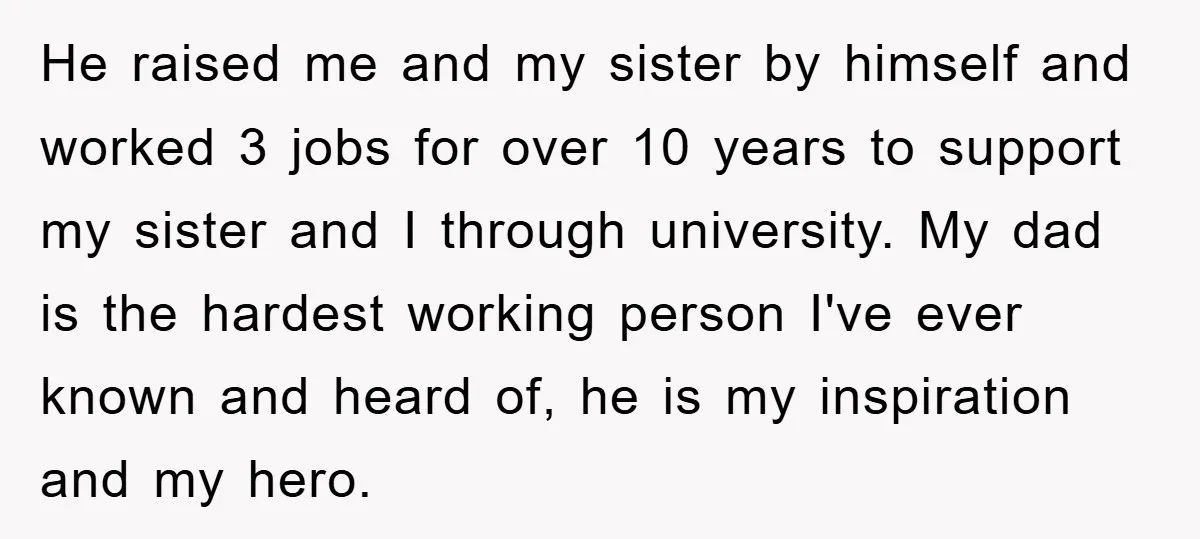 He raised me and my sister by himself and worked 3 jobs for over 10 years to support my sister and I through university. My dad is the hardest working...