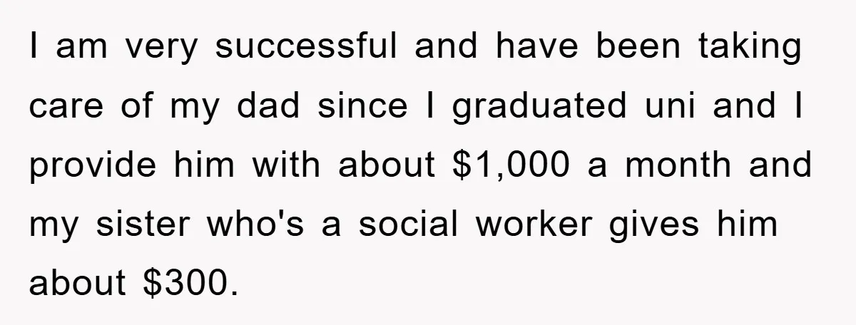I am very successful and have been taking care of my dad since I graduated uni and I provide him with about $1,000 a month and my sister who's a...