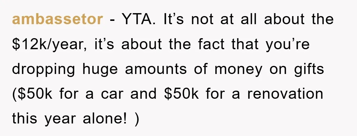 ambassetor − YTA. It’s not at all about the $12k/year, it’s about the fact that you’re dropping huge amounts of money on gifts ($50k for a car and $50k for...