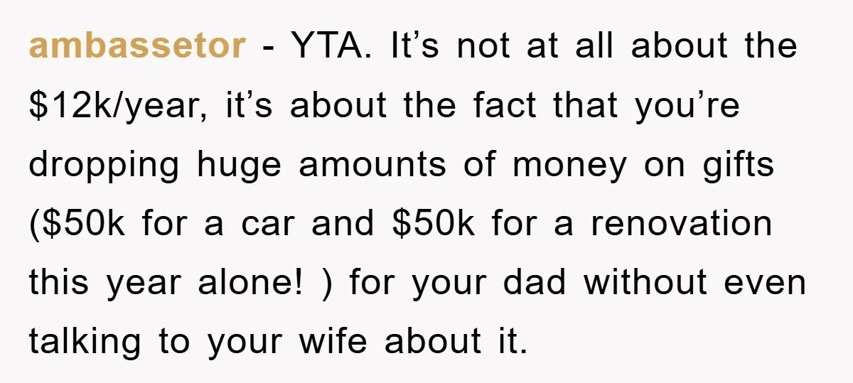 ambassetor − YTA. It’s not at all about the $12k/year, it’s about the fact that you’re dropping huge amounts of money on gifts ($50k for a car and $50k for...