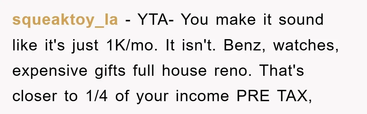 squeaktoy_la − YTA- You make it sound like it's just 1K/mo. It isn't. Benz, watches, expensive gifts full house reno. That's closer to 1/4 of your income PRE TAX,