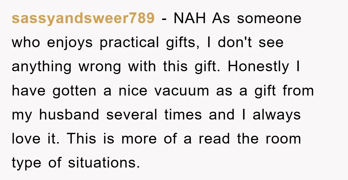 sassyandsweer789 − NAH As someone who enjoys practical gifts, I don't see anything wrong with this gift. Honestly I have gotten a nice vacuum as a gift from my husband...