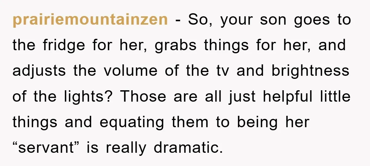 prairiemountainzen − So, your son goes to the fridge for her, grabs things for her, and adjusts the volume of the tv and brightness of the lights? Those are all...
