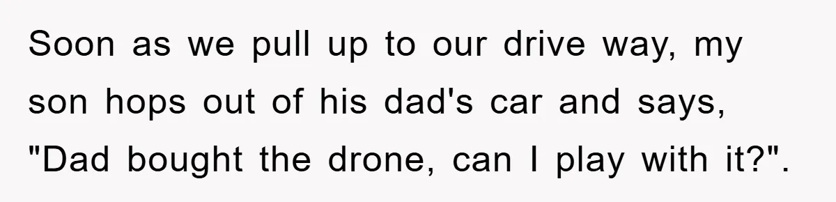 Soon as we pull up to our drive way, my son hops out of his dad's car and says, "Dad bought the drone, can I play with it?".