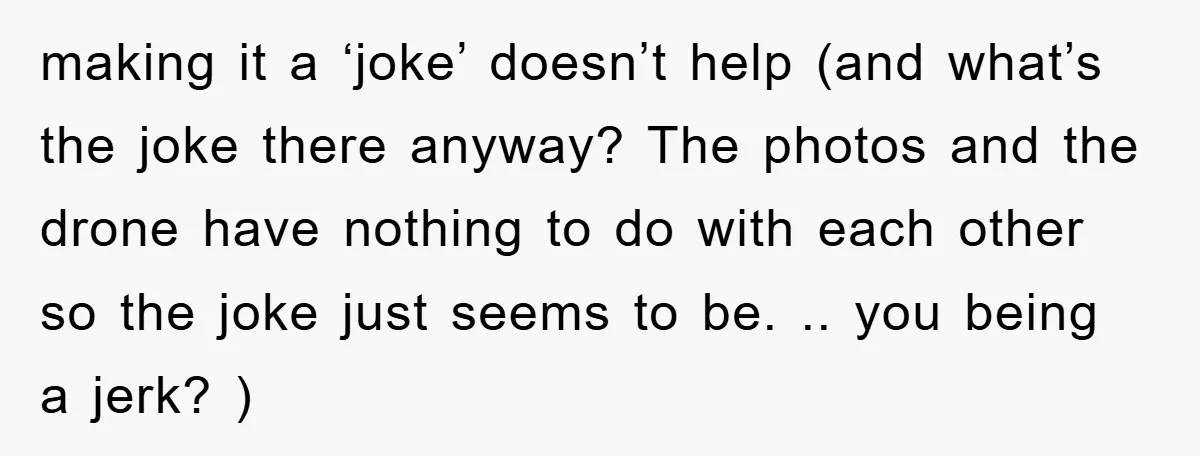 making it a ‘joke’ doesn’t help (and what’s the joke there anyway? The photos and the drone have nothing to do with each other so the joke just seems to...