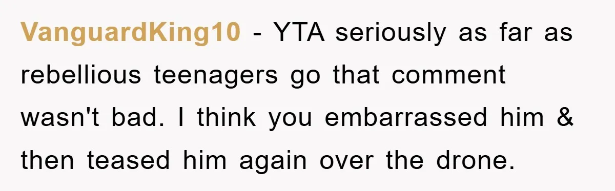 VanguardKing10 - YTA seriously as far as rebellious teenagers go that comment wasn't bad. I think you embarrassed him & then teased him again over the drone.
