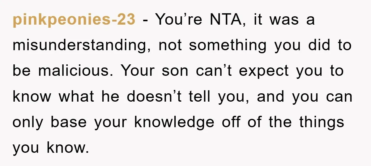 pinkpeonies-23 − You’re NTA, it was a misunderstanding, not something you did to be malicious. Your son can’t expect you to know what he doesn’t tell you, and you can...