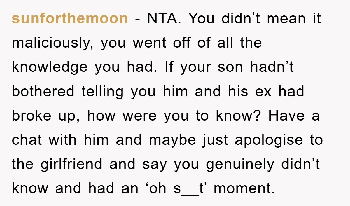 sunforthemoon − NTA. You didn’t mean it maliciously, you went off of all the knowledge you had. If your son hadn’t bothered telling you him and his ex had broke...