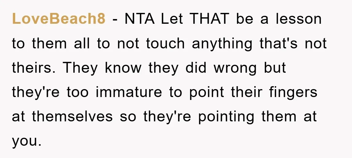 LoveBeach8 − NTA Let THAT be a lesson to them all to not touch anything that's not theirs. They know they did wrong but they're too immature to point their...