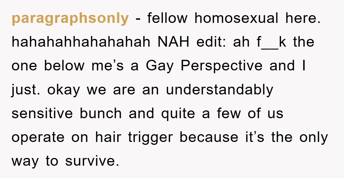 paragraphsonly − fellow homosexual here. hahahahhahahahah NAH edit: ah f__k the one below me’s a Gay Perspective and I just. okay we are an understandably sensitive bunch and quite a...