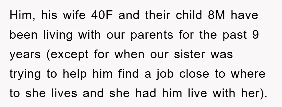 Him, his wife 40F and their child 8M have been living with our parents for the past 9 years (except for when our sister was trying to help him find...