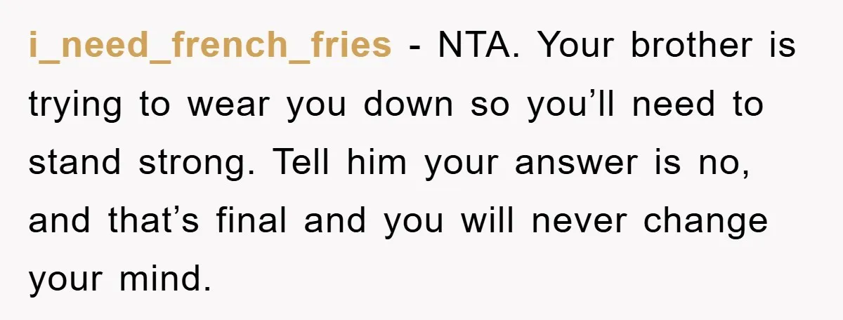 i_need_french_fries − NTA. Your brother is trying to wear you down so you’ll need to stand strong. Tell him your answer is no, and that’s final and you will never...