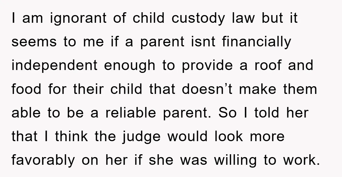 I am ignorant of child custody law but it seems to me if a parent isnt financially independent enough to provide a roof and food for their child that doesn’t...