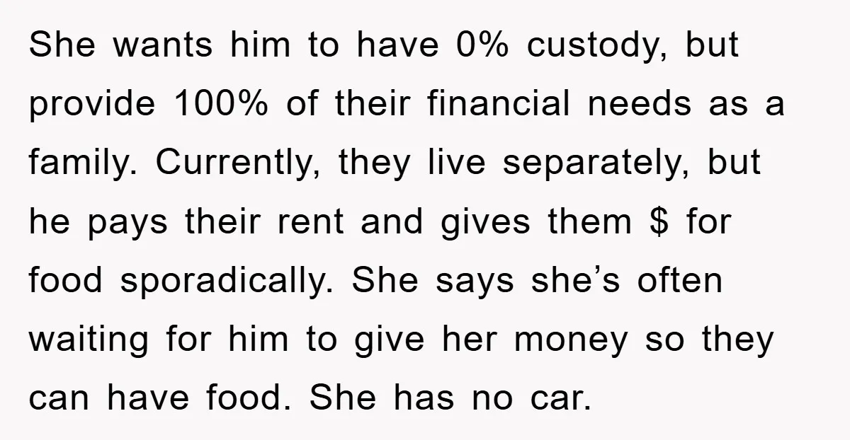 She wants him to have 0% custody, but provide 100% of their financial needs as a family. Currently, they live separately, but he pays their rent and gives them $...