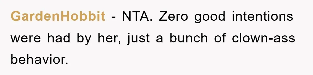 GardenHobbit − NTA. Zero good intentions were had by her, just a bunch of clown-ass behavior.