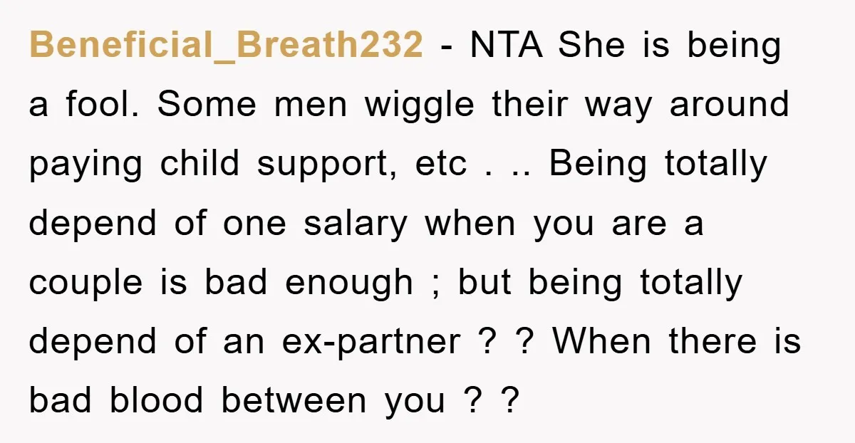 Beneficial_Breath232 − NTA She is being a fool. Some men wiggle their way around paying child support, etc . .. Being totally depend of one salary when you are a...