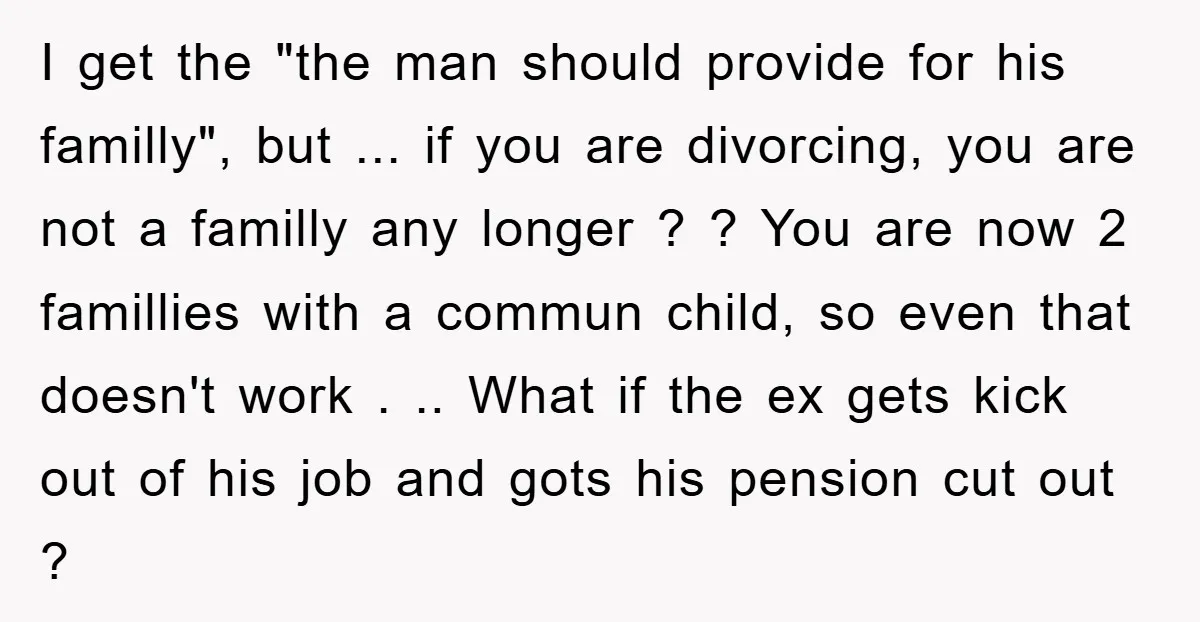 I get the "the man should provide for his familly", but ... if you are divorcing, you are not a familly any longer ? ? You are now 2 famillies...