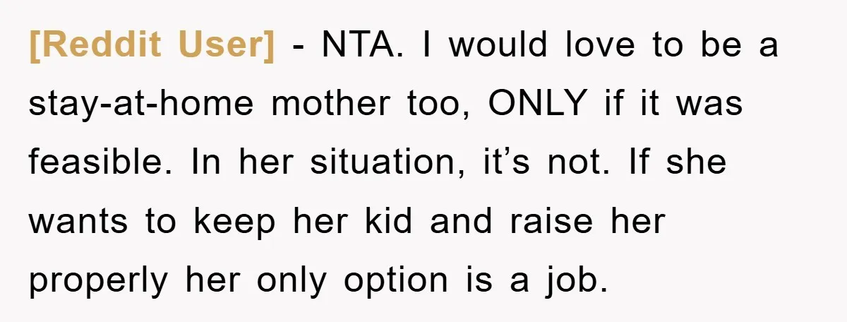 [Reddit User] − NTA. I would love to be a stay-at-home mother too, ONLY if it was feasible. In her situation, it’s not. If she wants to keep her kid...