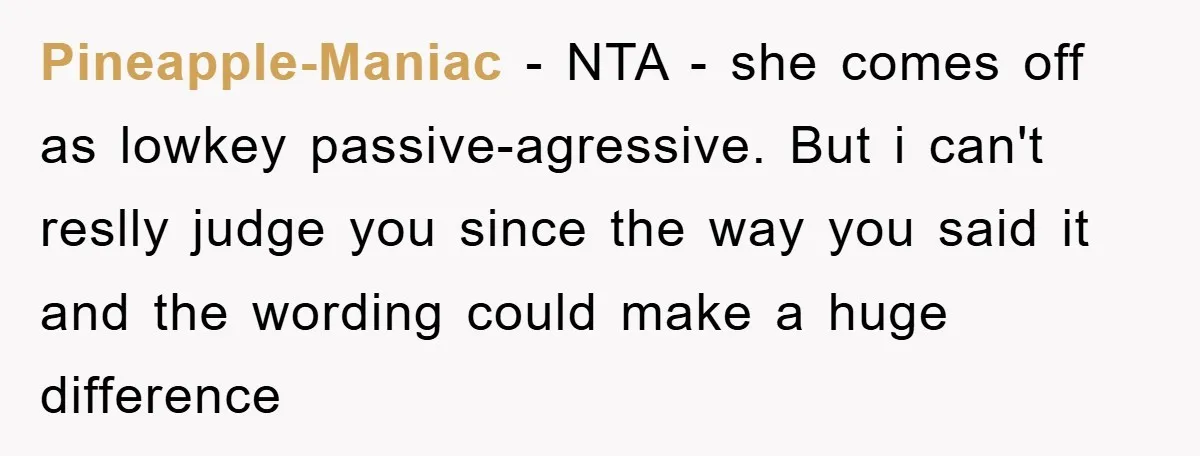 Pineapple-Maniac − NTA - she comes off as lowkey passive-agressive. But i can't reslly judge you since the way you said it and the wording could make a huge difference