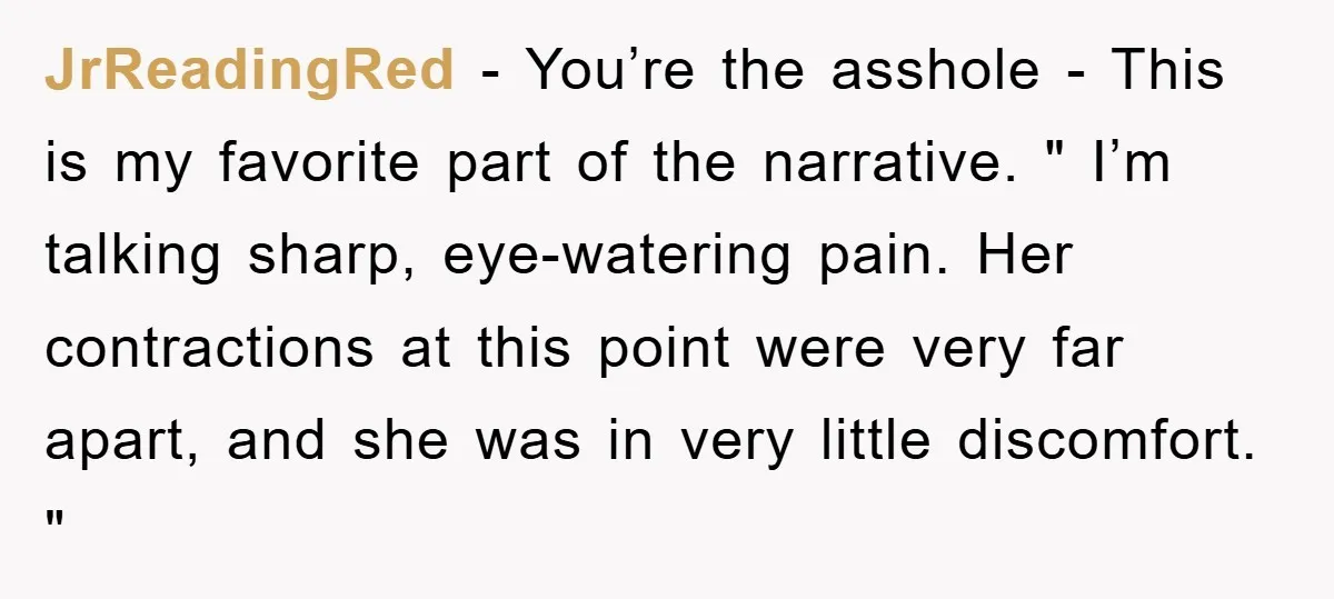JrReadingRed - You’re the asshole - This is my favorite part of the narrative. " I’m talking sharp, eye-watering pain. Her contractions at this point were very far apart, and...