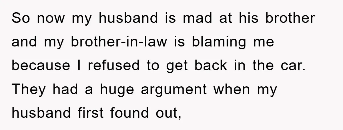 So now my husband is mad at his brother and my brother-in-law is blaming me because I refused to get back in the car. They had a huge argument when...
