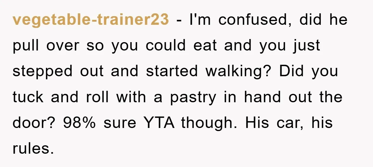 vegetable-trainer23 − I'm confused, did he pull over so you could eat and you just stepped out and started walking? Did you tuck and roll with a pastry in hand...