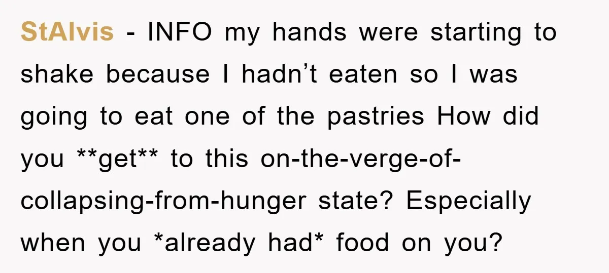 StAlvis − INFO my hands were starting to shake because I hadn’t eaten so I was going to eat one of the pastries How did you **get** to this on-the-verge-of-collapsing-from-hunger...