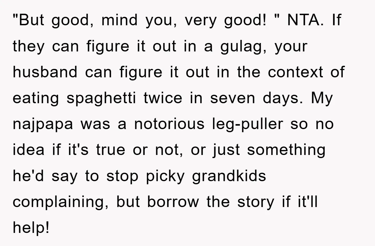 "But good, mind you, very good! " NTA. If they can figure it out in a gulag, your husband can figure it out in the context of eating spaghetti twice...