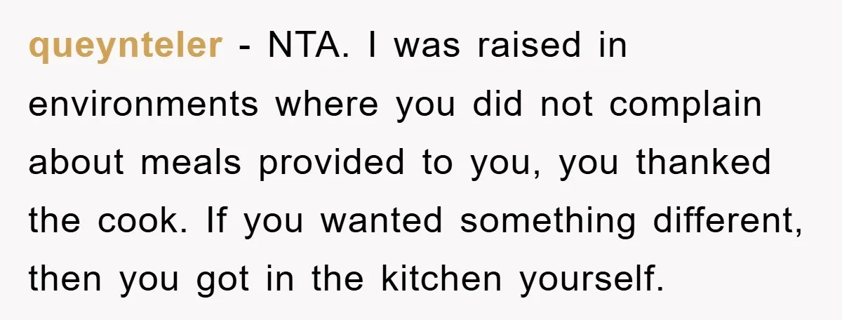 queynteler − NTA. I was raised in environments where you did not complain about meals provided to you, you thanked the cook. If you wanted something different, then you got...