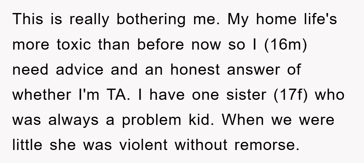 This is really bothering me. My home life's more toxic than before now so I (16m) need advice and an honest answer of whether I'm TA. I have one sister...