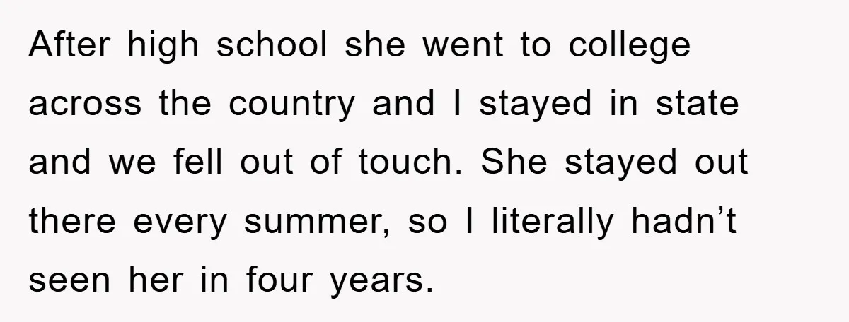 After high school she went to college across the country and I stayed in state and we fell out of touch. She stayed out there every summer, so I literally...