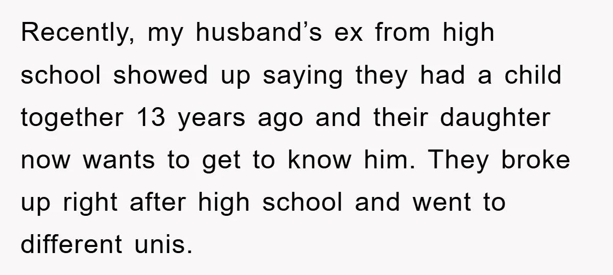 Recently, my husband’s ex from high school showed up saying they had a child together 13 years ago and their daughter now wants to get to know him. They broke...