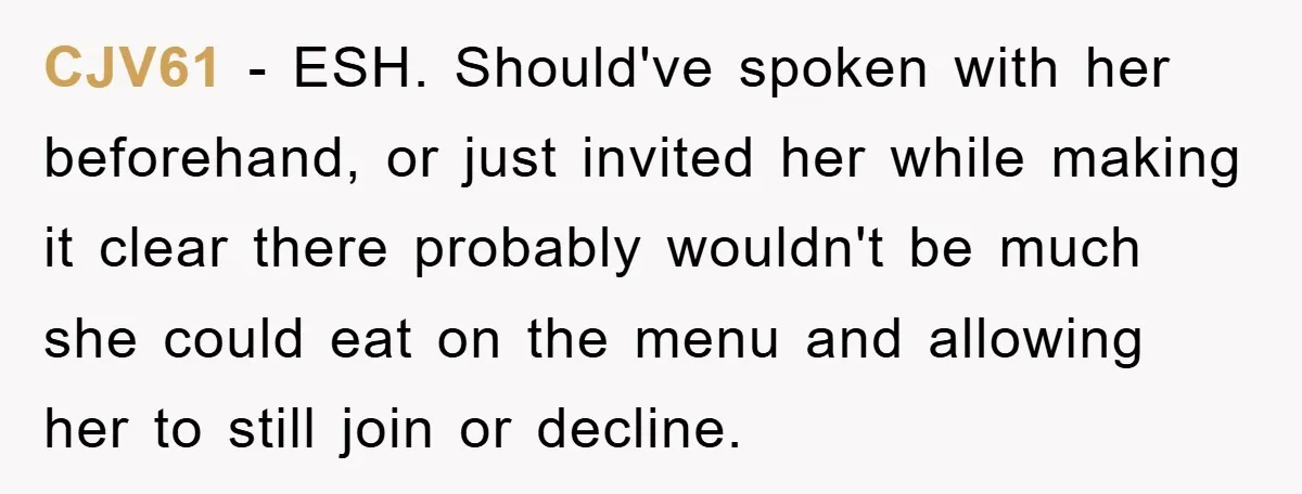 CJV61 − ESH. Should've spoken with her beforehand, or just invited her while making it clear there probably wouldn't be much she could eat on the menu and allowing her...