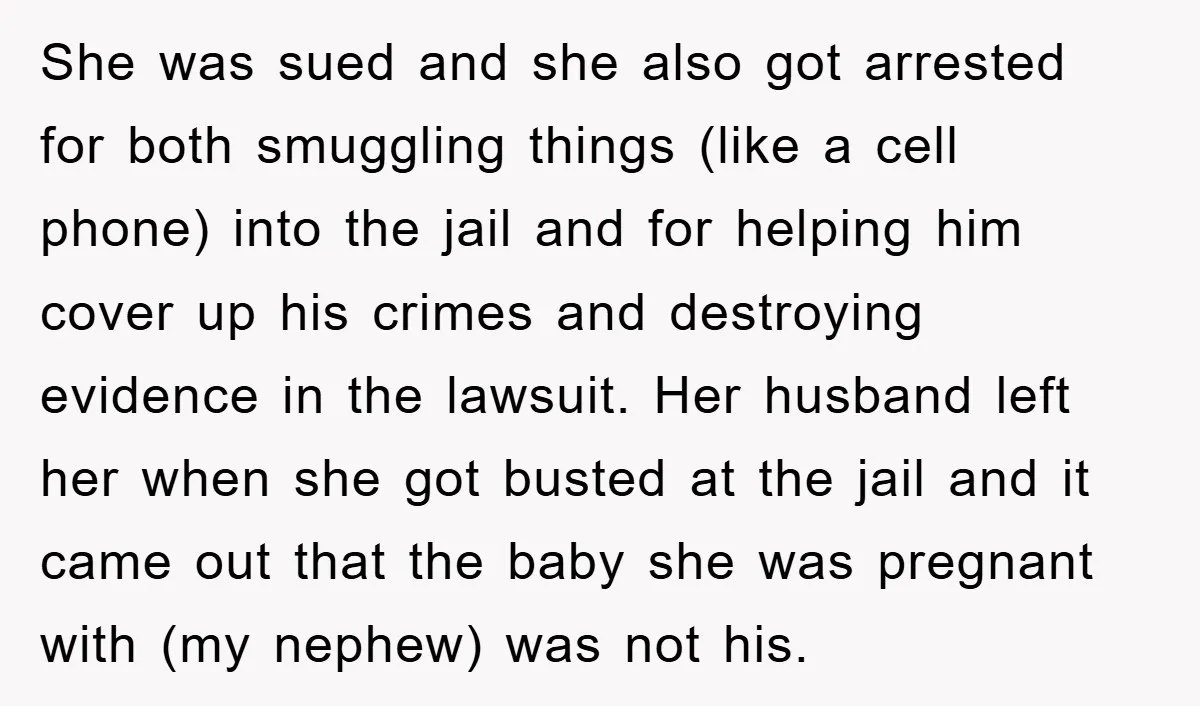 She was sued and she also got arrested for both smuggling things (like a cell phone) into the jail and for helping him cover up his crimes and destroying evidence...