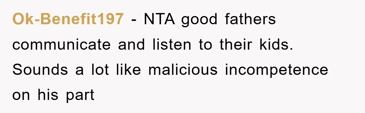 Ok-Benefit197 − NTA good fathers communicate and listen to their kids. Sounds a lot like malicious incompetence on his part