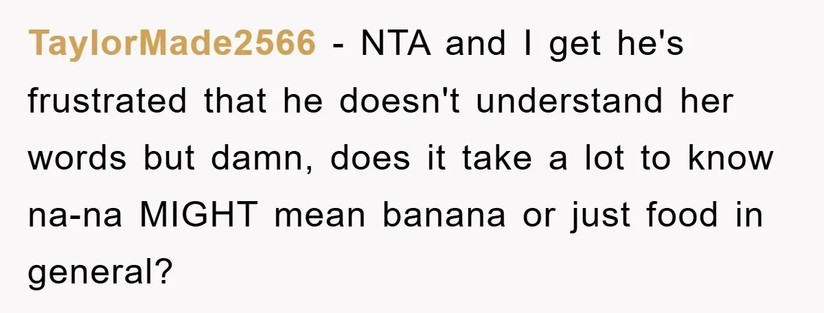 TaylorMade2566 − NTA and I get he's frustrated that he doesn't understand her words but damn, does it take a lot to know na-na MIGHT mean banana or just food...