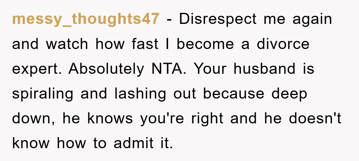 messy_thoughts47 − Disrespect me again and watch how fast I become a divorce expert. Absolutely NTA. Your husband is spiraling and lashing out because deep down, he knows you're right...