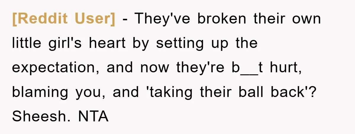 [Reddit User] − They've broken their own little girl's heart by setting up the expectation, and now they're b__t hurt, blaming you, and 'taking their ball back'? Sheesh. NTA