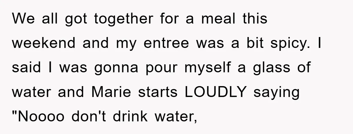 We all got together for a meal this weekend and my entree was a bit spicy. I said I was gonna pour myself a glass of water and Marie starts...