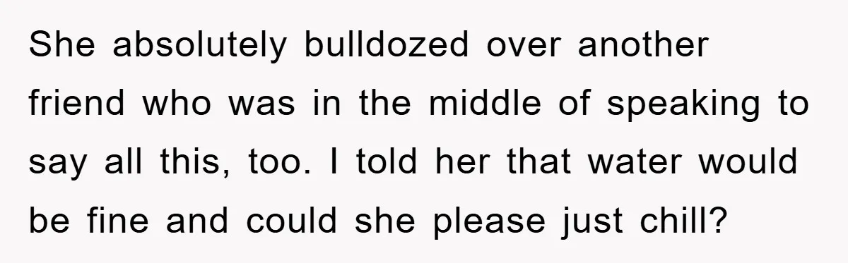 She absolutely bulldozed over another friend who was in the middle of speaking to say all this, too. I told her that water would be fine and could she please...