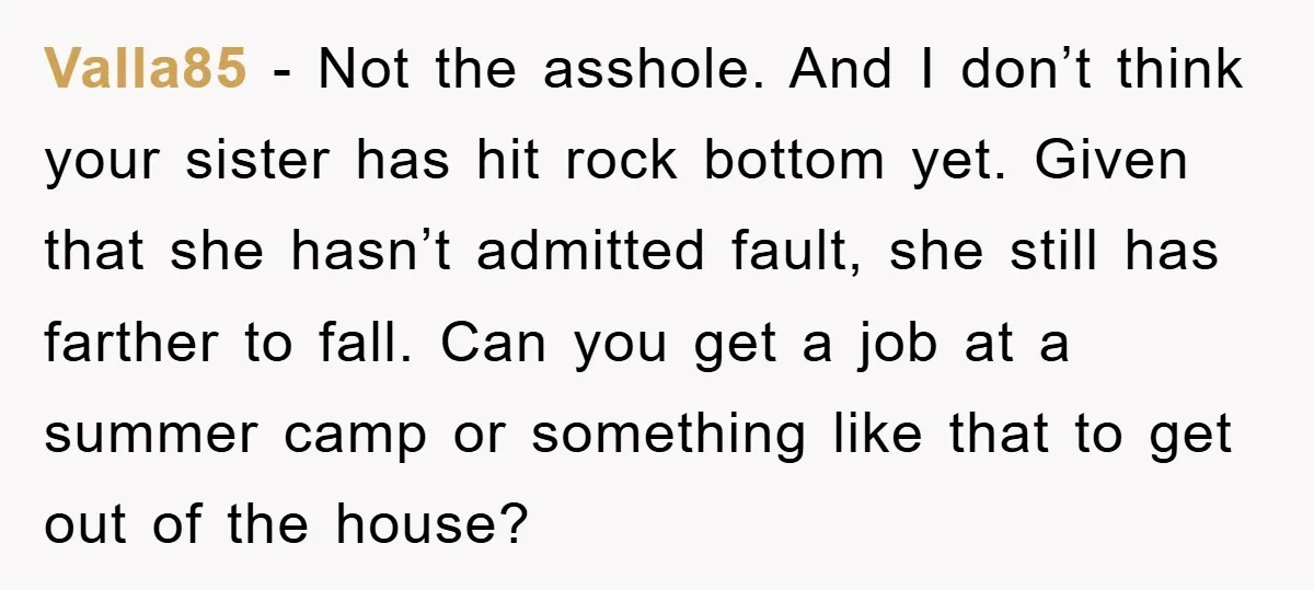 Valla85 - Not the asshole. And I don’t think your sister has hit rock bottom yet. Given that she hasn’t admitted fault, she still has farther to fall. Can you...