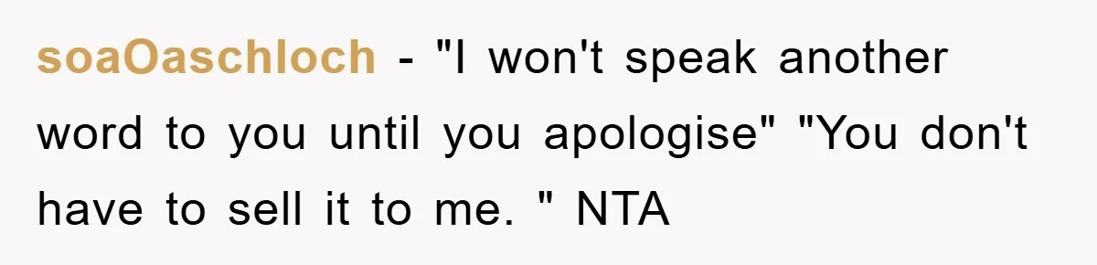 soaOaschloch − "I won't speak another word to you until you apologise" "You don't have to sell it to me. " NTA