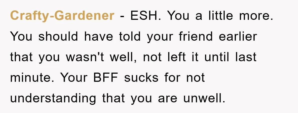 Crafty-Gardener − ESH. You a little more. You should have told your friend earlier that you wasn't well, not left it until last minute. Your BFF sucks for not understanding...