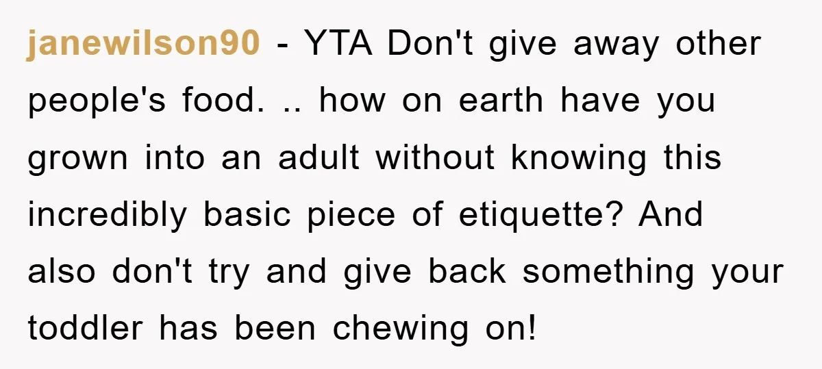 janewilson90 − YTA Don't give away other people's food. .. how on earth have you grown into an adult without knowing this incredibly basic piece of etiquette? And also don't...
