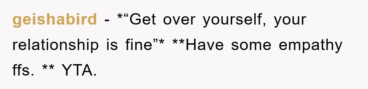 geishabird − *“Get over yourself, your relationship is fine”* **Have some empathy ffs. ** YTA.