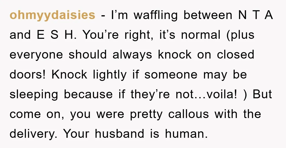 ohmyydaisies − I’m waffling between N T A and E S H. You’re right, it’s normal (plus everyone should always knock on closed doors! Knock lightly if someone may be...
