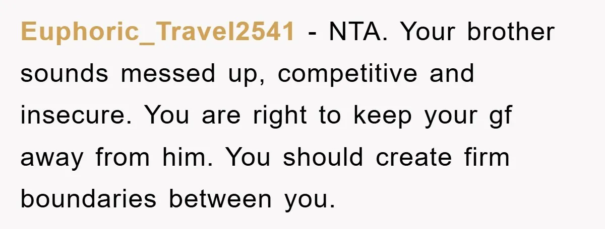 Euphoric_Travel2541 − NTA. Your brother sounds messed up, competitive and insecure. You are right to keep your gf away from him. You should create firm boundaries between you.