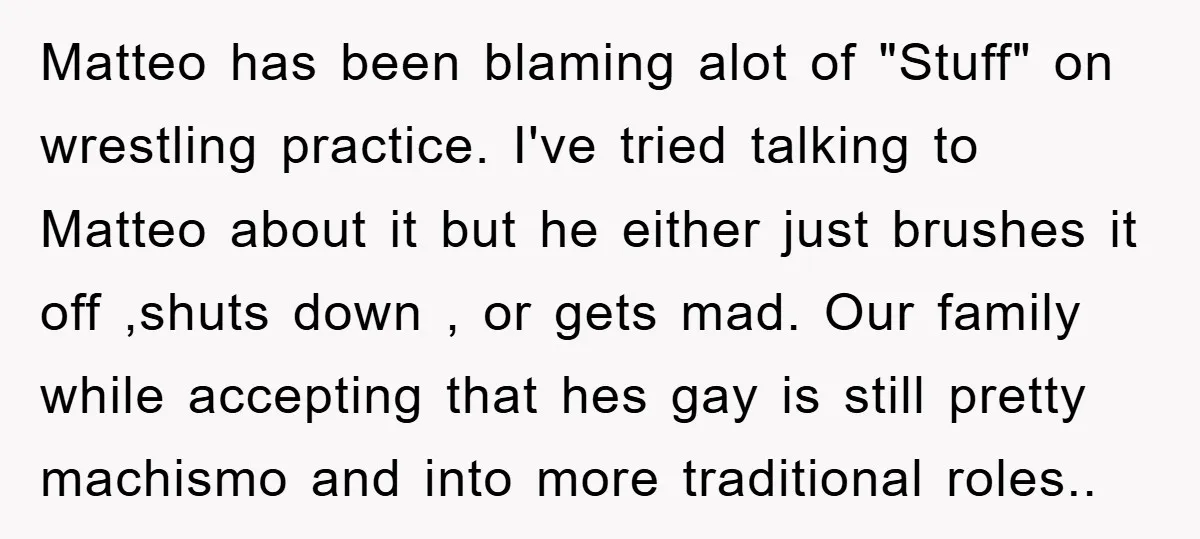 Matteo has been blaming alot of "Stuff" on wrestling practice. I've tried talking to Matteo about it but he either just brushes it off ,shuts down , or gets mad....